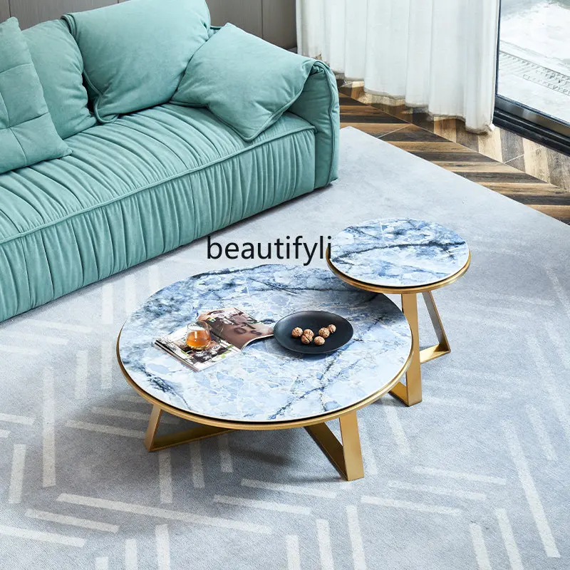 

zq Nordic Italian Style Light Luxury round Stone Plate Coffee Table Creative Stainless Steel Household Marble Tea Table