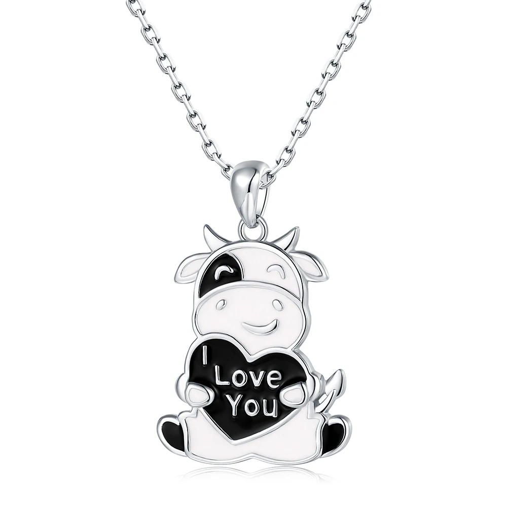 

New 925-Sterling-Silver Cute Animal Cow With Enamel Pendant Necklace Brithday Valentine Jewelry Gifts for Women Girl Cow Lovers