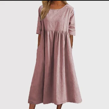 Vestido de Verão Feminino Elegante com Rendas Ocas e Babados 7 Elegant Dress O-Neck Half Sleeve Cotton Hemp Pleated Dress 2023 New Summer Women's Casual Loose Comfortable Vintage Long Dress