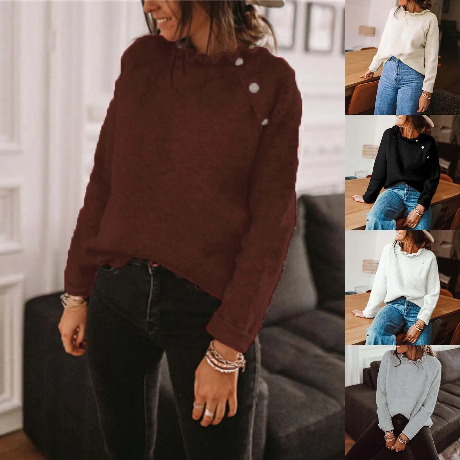 Women's Temperament Fashion Ruffles Mockneck Button Sweater Long Sleeve Winter Warm Pullover korean Oversize streetwear Jumper
Women's Temperament Fashion Ruffles Mockneck Button Sweater Long Sleeve Winter Warm Pullover korean Oversize streetwear Jumper