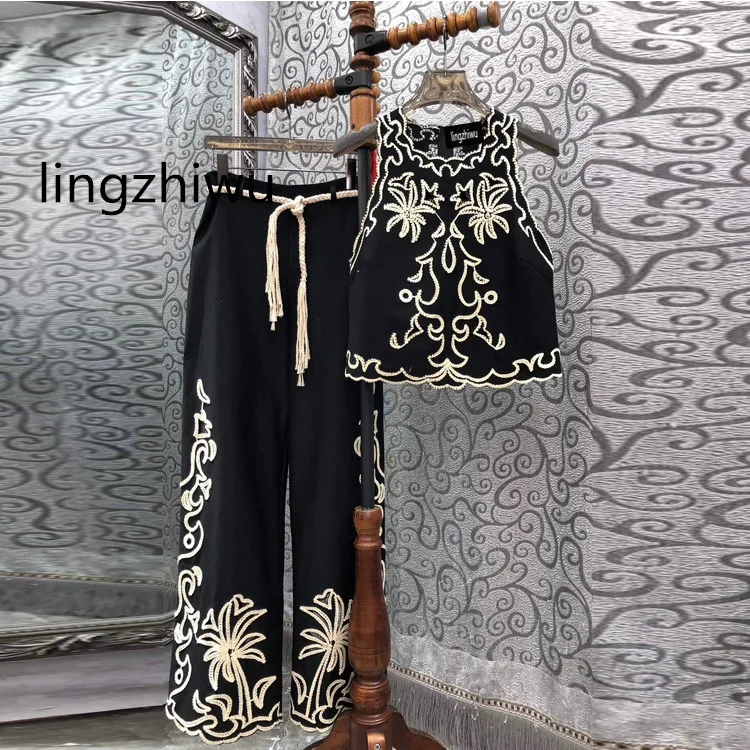 

lingzhiwu Black Pants Set Top+Pants Suit Summer Female Embroidery Patchwork Sleeveless Top Straight Pants Twinset New Arrive