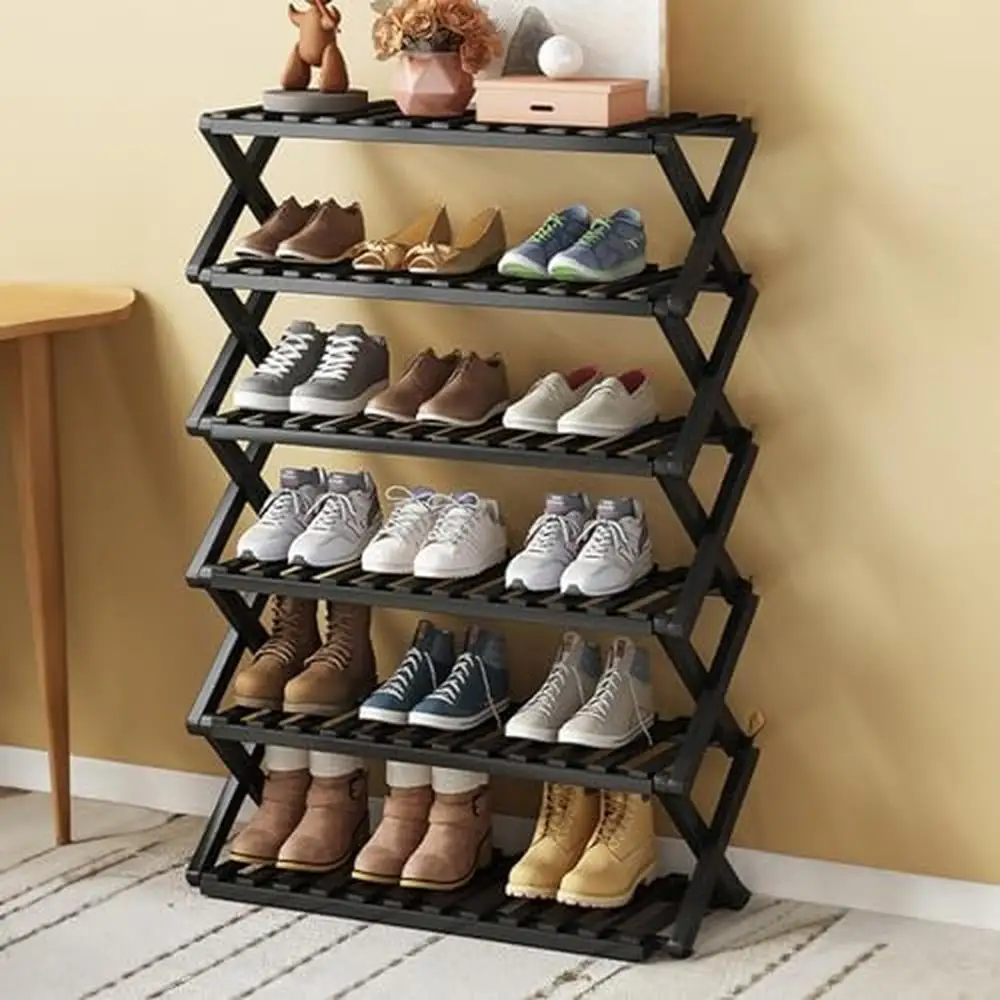 

6-Tier Bamboo Shoe Rack Organizer Foldable Stackable Storage Shelf Entryway Hallway Closet Black Large