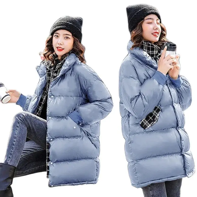 

Autumn Winter Women Medium Long Lattice Splicing Fake Two Down Cotton Coat Fashion Loose Lady Stand Collar Korean Version Parka
