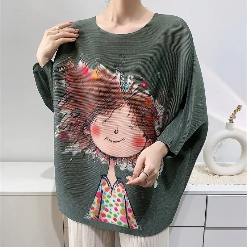 

Miyake 2024 Spring and Summer New Pleated Printed Blouse Cartoon Pattern T-shirt Seven-minute Sleeve Loose Thin Clothes Female