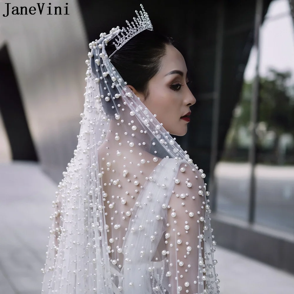 

JaneVini Luxury Long Wedding Veil with Pearl 3 Meters Cathedral Church One Layer Bridal Veils Comb White/Ivory Tulle Bride Veil