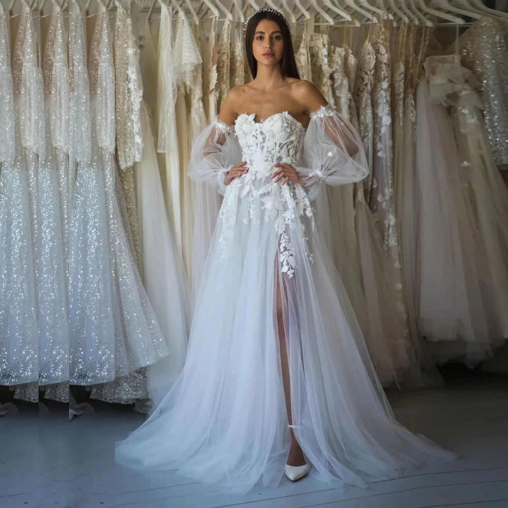 Sweetheart Boho A Line Wedding Dresses Puffy Sleeve Lace Appliques Bridal Gown Side Split Glitter Backless vestido de noiva
Sweetheart Boho A Line Wedding Dresses Puffy Sleeve Lace Appliques Bridal Gown Side Split Glitter Backless vestido de noiva