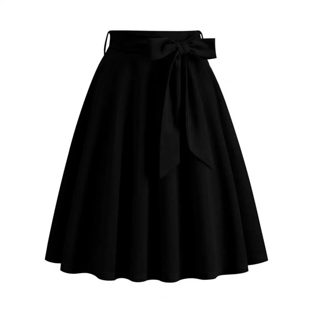 

Women Skirt Belted Tight Waist Bow Decor A-line Big Swing Solid Color High Waist Soft Ruffle Summer Dating Party Midi Skirt