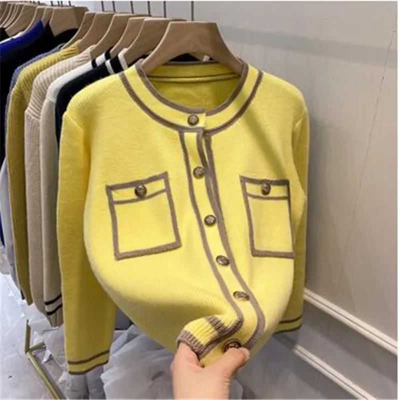 

Korean Elegant Chic Contrast Color Long Sleeve Pocket Button Knitted Cardigan for Women Spring Autumn Loose Female Sweater Coats
