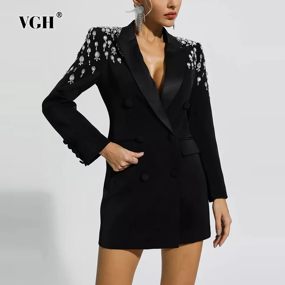 

VGH Solid Patchwork Diamonds Temperament Blazer For Women Notched Collar Long Sleeve Spliced Button Elegant Blazers Female New
