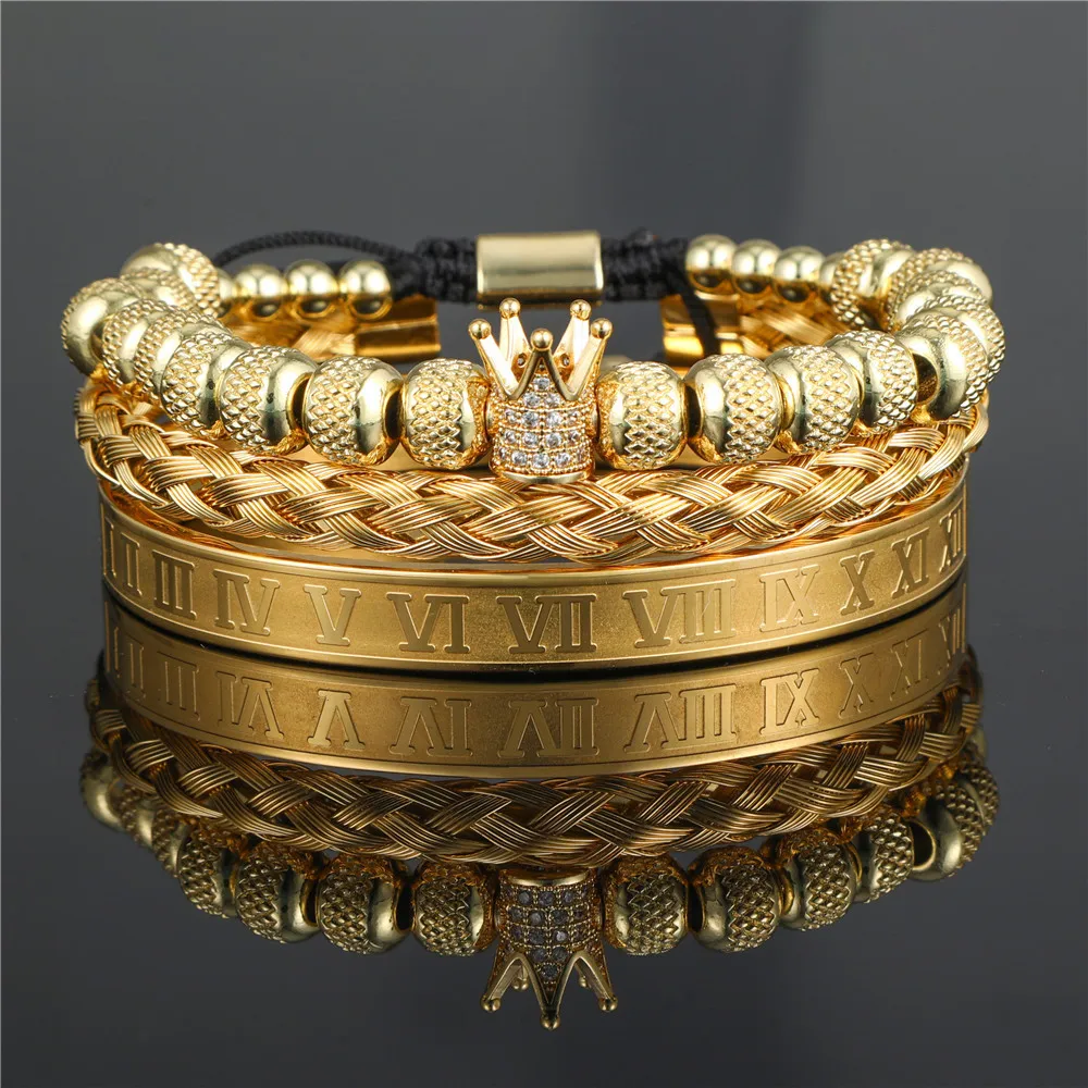 

3PCS/Lot Retro Golden Black Bracelet Charm Zircon Pave CZ Roman Numerals Crown Weave Bracelets For Women&Men Cassical Jewelry