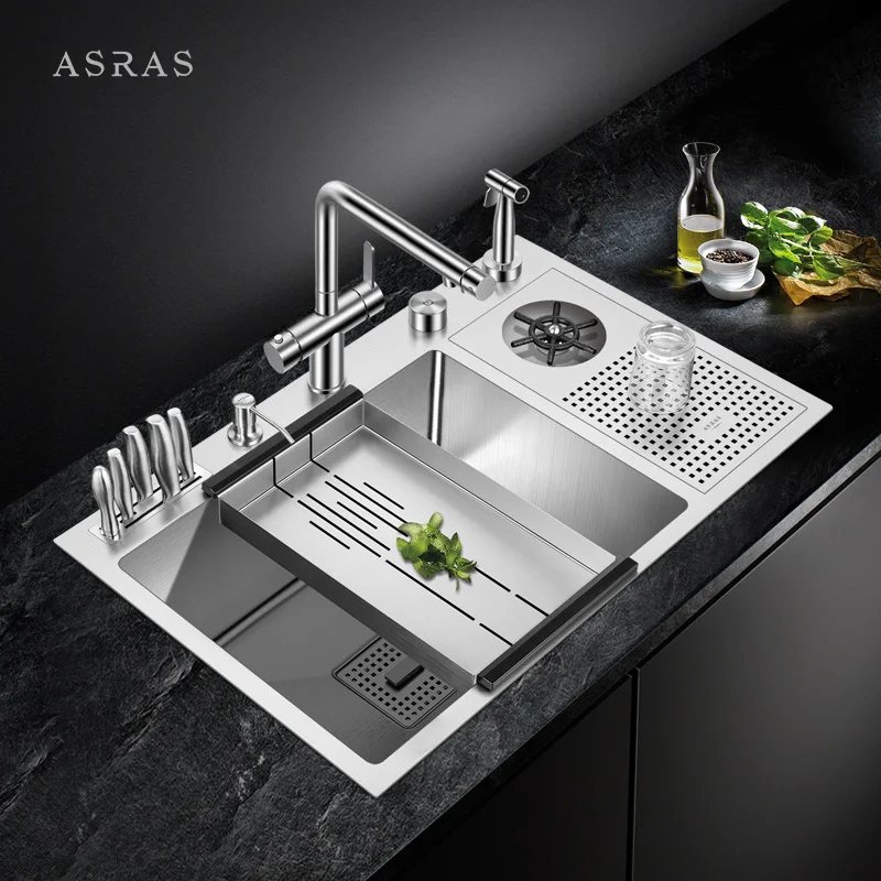 

Asras SUS304 handmade kitchen sink fine brushed cup-rinser glass water sprinkler with drainer and kitchen faucet 7648x