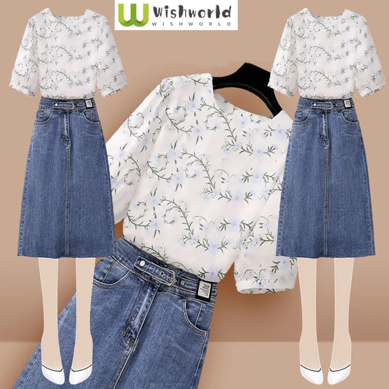 Vintage Printed Short Sleeved T-shirt Tops Slimming Denim Short Skirt Two-piece Elegant Women's Skirt Set Casual Outfits 
Vintage Printed Short Sleeved T-shirt Tops Slimming Denim Short Skirt Two-piece Elegant Women's Skirt Set Casual Outfits