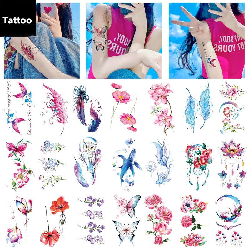 

Temporary Tattoo Colourful Small Fresh Style Floral Feather Butterfly Design Waterproof Sweatproof Sticker