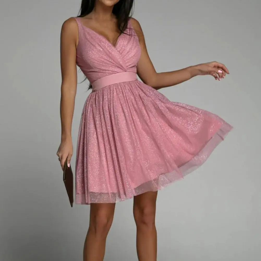

Женское вечернее платье с блестками, Сетчатое платье без рукавов на бретелях-спагетти, блестящее летнее платье с широким подолом и глубоким V-образным вырезом