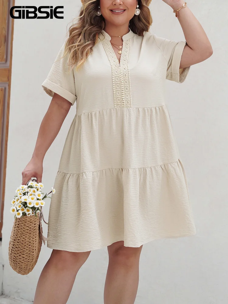 

GIBSIE Plus Size Notched Neck Solid Ruffle Hem Dress Women 2024 Boho Casual Summer Short Sleeve Vacation Fashion Mini Dresses