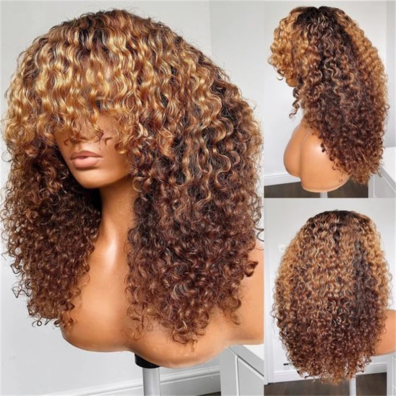 

26inch 180Density Natural Long Kinky Curly Machine With Bangs Ombre Blond For Women With Baby Hair Preplucked Daily Glueless Wig
