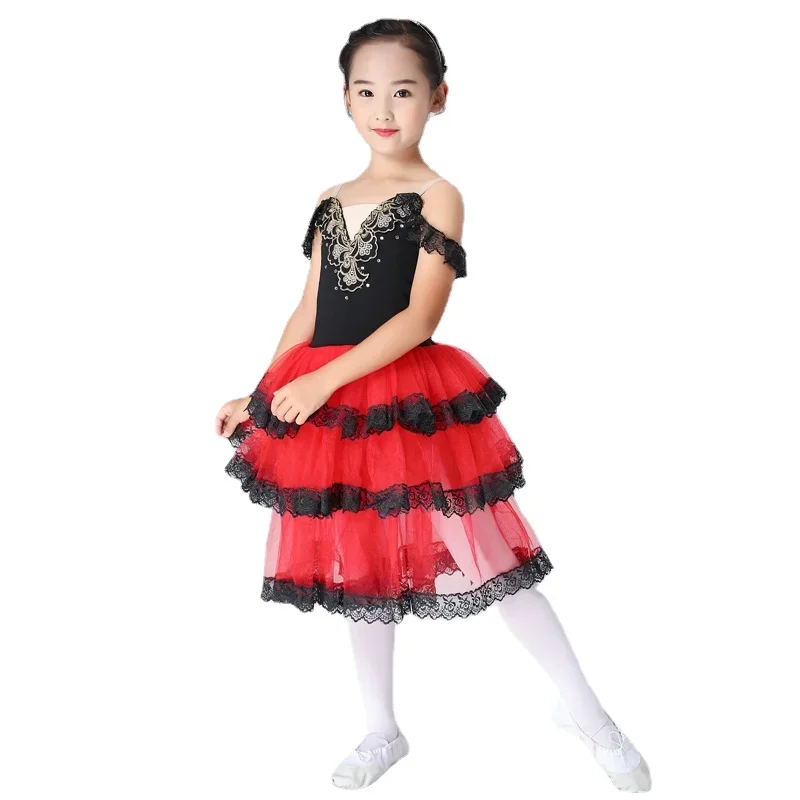 

Professional Ballet Romantic Tutu Long Skirt Black Red Spain Dress Adult Children's Ballet Performance Dress