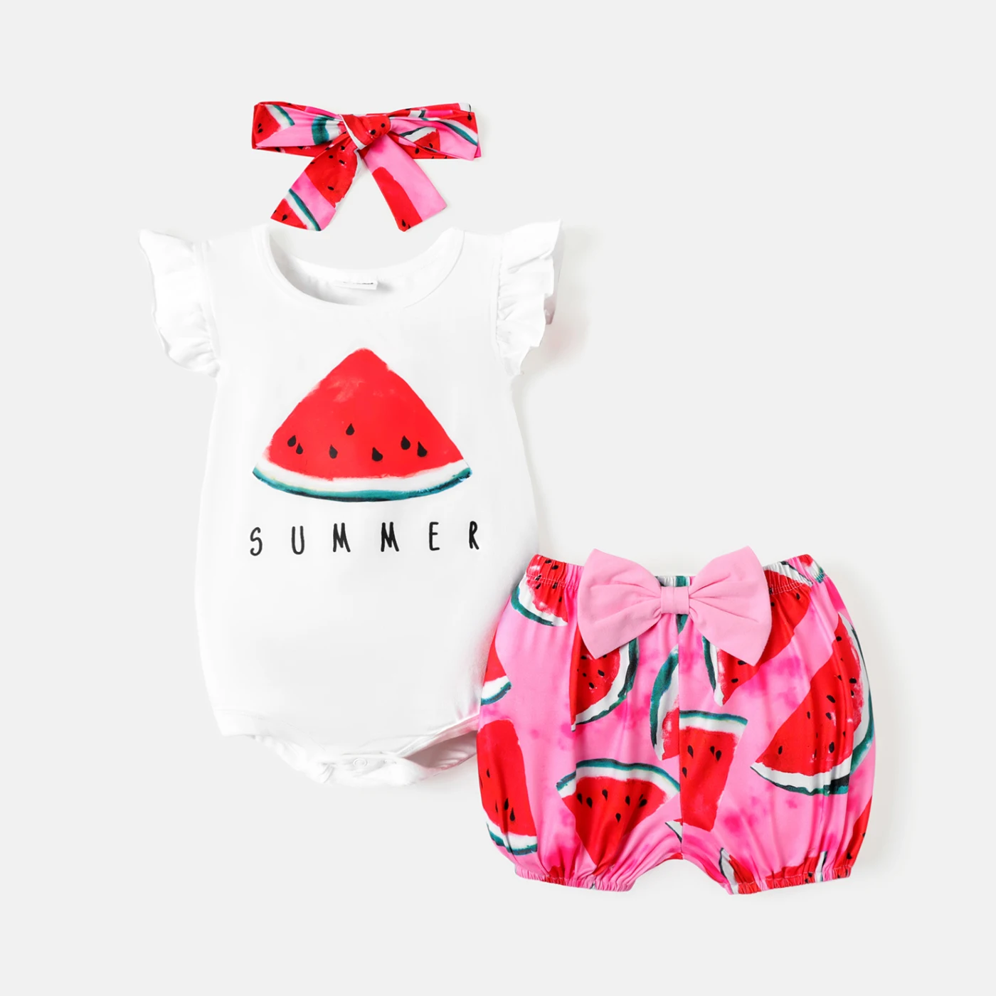 

PatPat 3pcs Baby Girl Cotton Flutter-sleeve Watermelon Print Romper and Bow Front Shorts & Headband Set