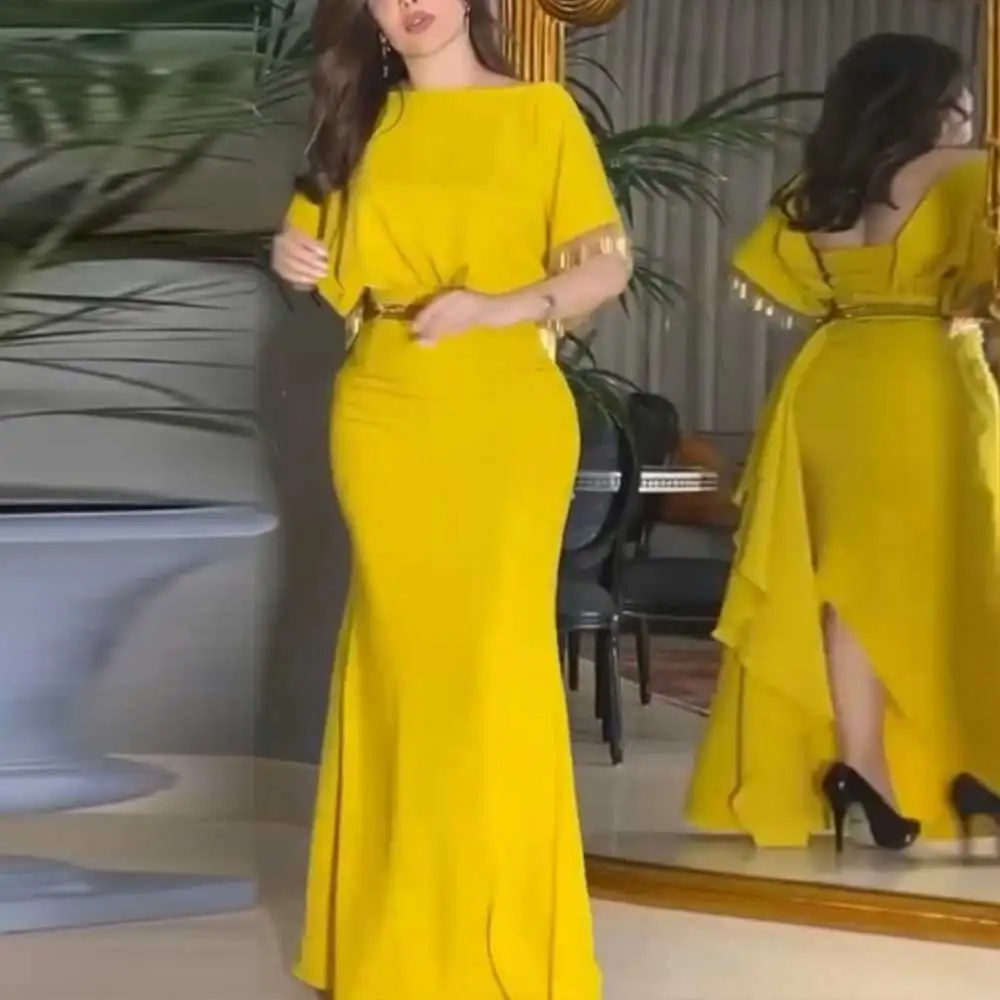 Желтое вечернее платье-футляр с круглым вырезом и драпировкой в пол, сексуальное женское платье с открытой спиной для выпускного вечера
Желтое вечернее платье-футляр с круглым вырезом и драпировкой в пол, сексуальное женское платье с открытой спиной для выпускного вечера