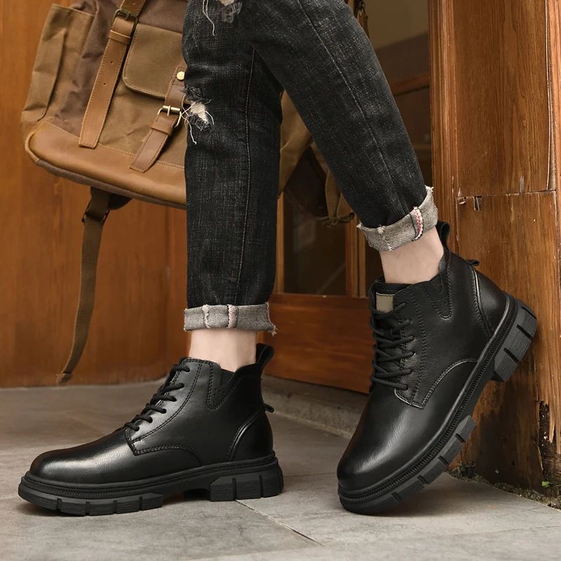 

Classic West Cowboy Boots Mens Warm Plush Man Platform Lace Up Ankle Combat Boots Leather Comfort Soft Anti-slip Wearable Boots