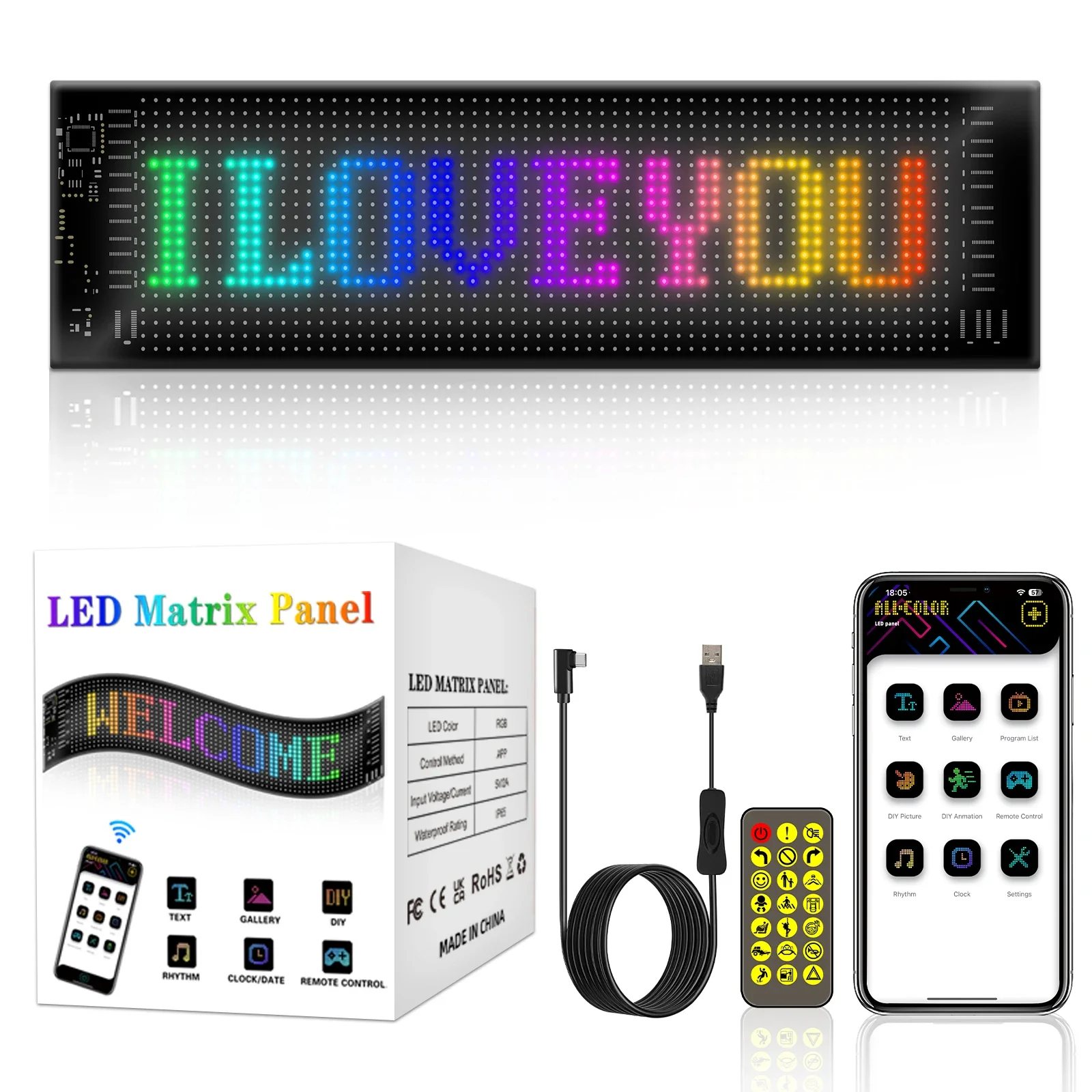 

LED Matrix Pixel Panel 5V USB Flexible Addressable RGB Pattern Graffiti Scrolling Text Animation Car Sign Display Waterproof Led