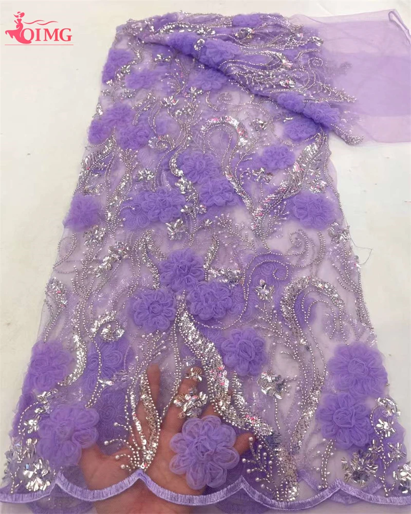 

OIMG Luxurious African Groom Sequins Lace Fabric High Quality 2023 Heavy Beads Embroidery French Tulle Lace Nigerian Wedding