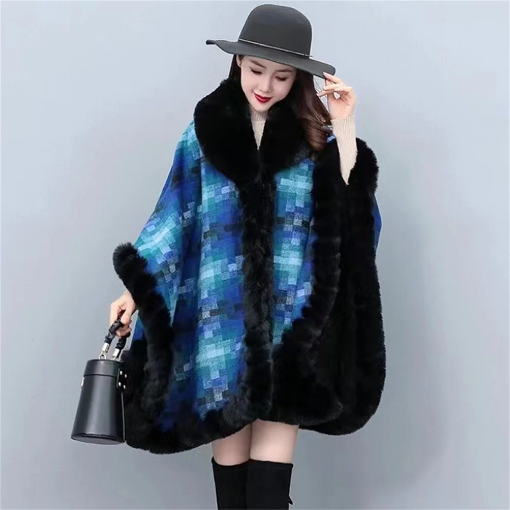 

Women Round Neck Rabbit Fur Winter Shawl Cloak Thick Warm Multicolour Plaid Long Streetwear Big Pendulum Poncho Capes Loose Coat