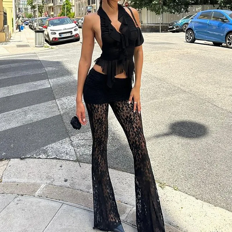 

2023 New Fashion Sexy All-match Pants Lace Stitching Slim Perspective High Waist Flared Pants Female Elegant Luxury