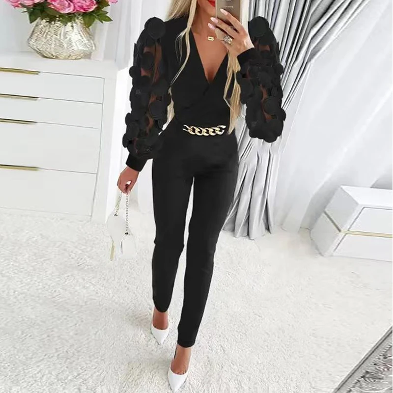 Women Chain Waist Solid Party One Piece 2024 Fashion Slim V-Neck Office Long Jumpsuit Lady Sexy Stitch Mesh Full Pants Overalls
Women Chain Waist Solid Party One Piece 2024 Fashion Slim V-Neck Office Long Jumpsuit Lady Sexy Stitch Mesh Full Pants Overalls