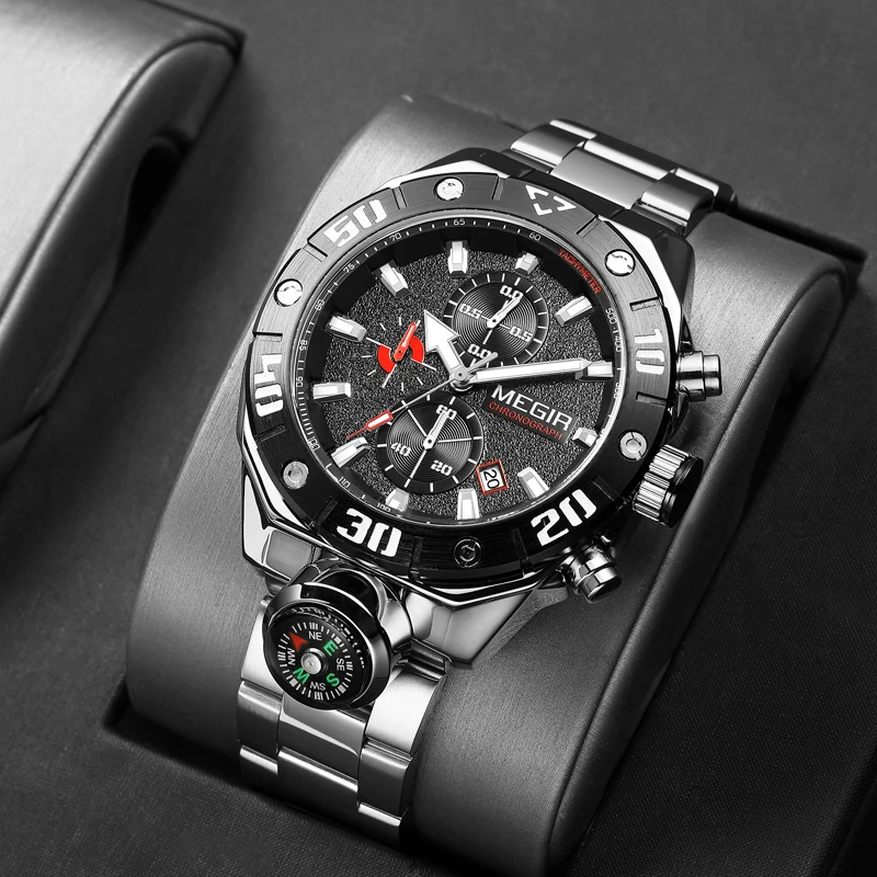 

MEGIR Brand Luxury Stainless Steel Date Quartz Watch for Men Sport Waterproof Luminous Compass Decoration Chronograph Men Watch