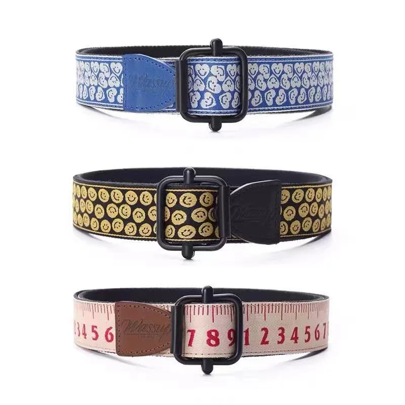 

Men's and women's same style belt woven smiling face creative non perforated canvas trendy cloth belt