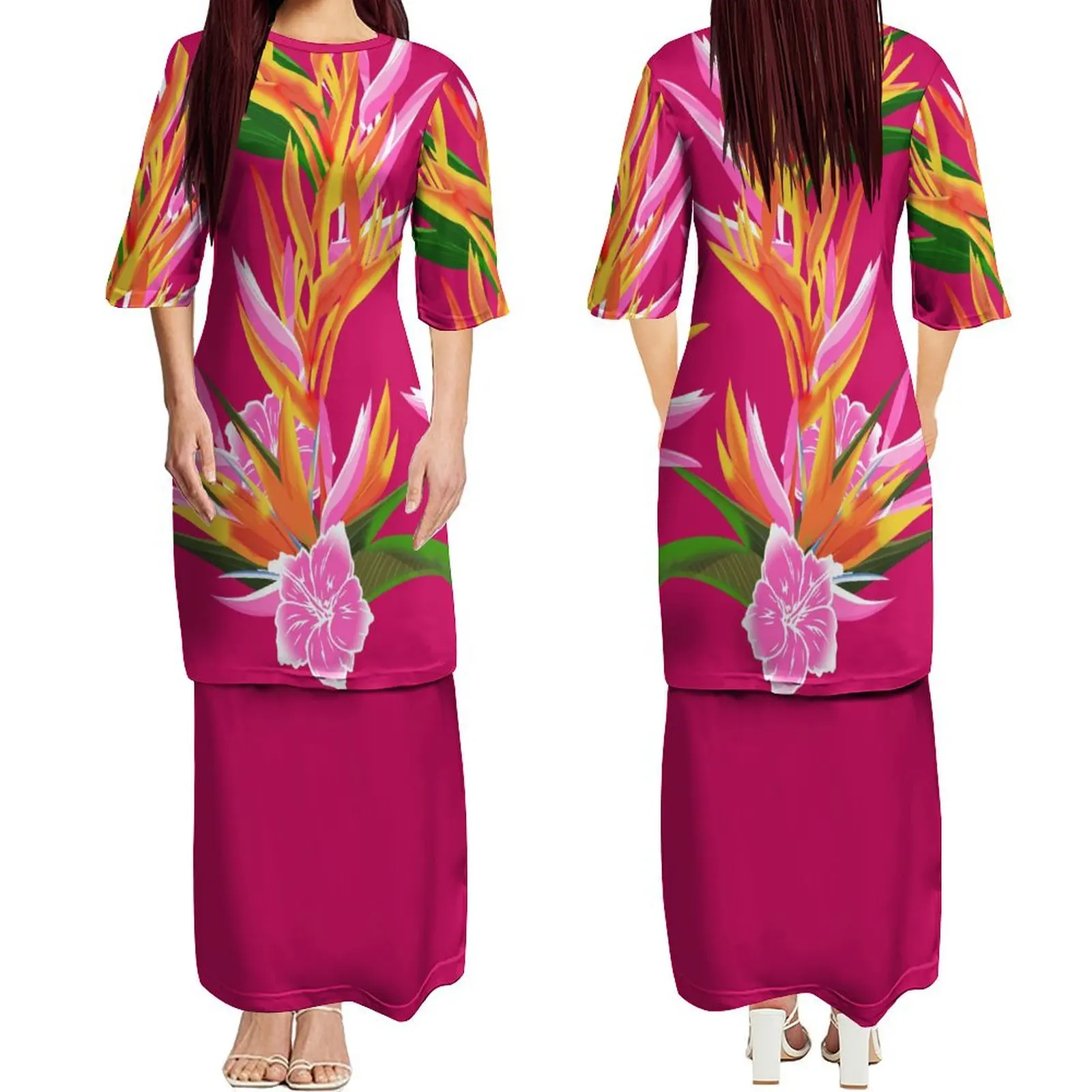 

New Design Summer Ladies Fashion Mid-Sleeve Dress Two-Piece Polynesian Tribal Print Samoan Puletasi Top And Long Skirt
