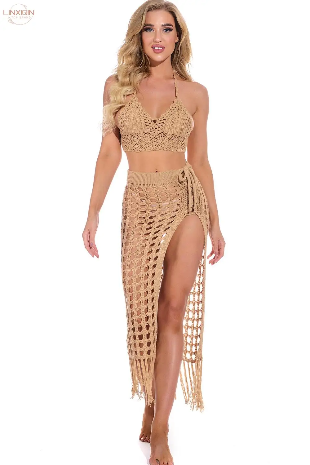 

Женская сексуальная прозрачная пляжная Макси-юбка с вырезами, пляжная одежда с разрезом и кисточками, летняя вязаная крючком накидка, юбки