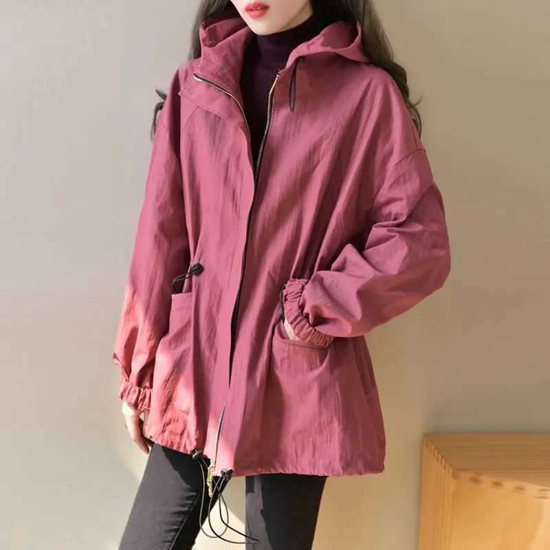 

Spring and Autumn 2024 New Fashion Frock Trench Coat Womens Long Solid Color Warm Casual Hooded Waist Female Clothes Windbreaker