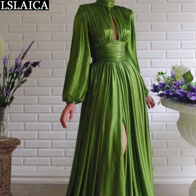 

Elegant Party Sexy Dress Turtleneck Green Slim Big Swing Maxi Dresses Long Sleeve Evening Clubwear Women Clothes Draped Robe