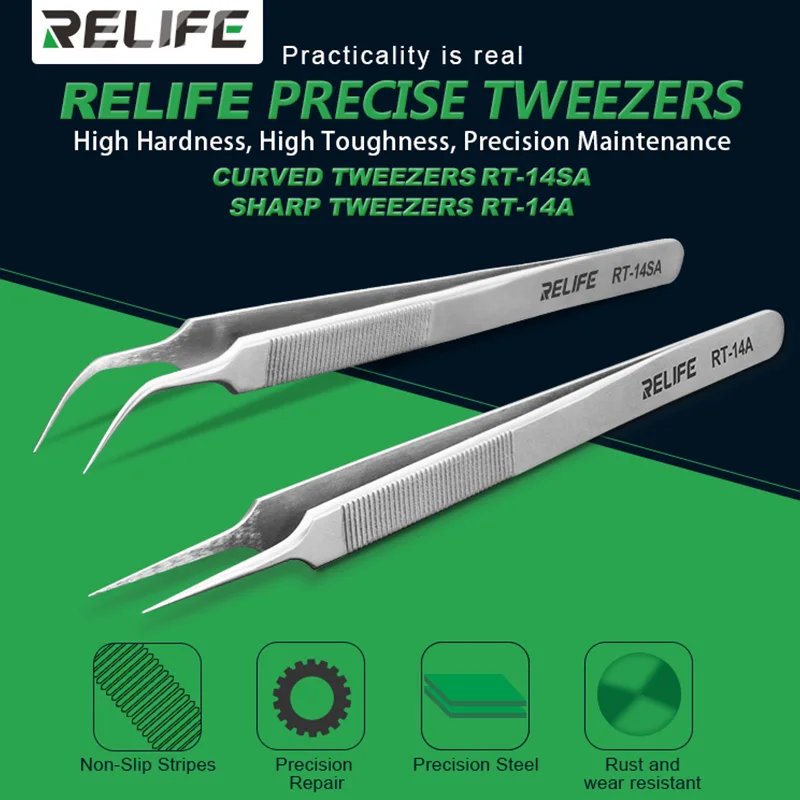 

RELIFE RT-14A/14SA High Precision Stainless Steel Tweezers Curved and Straight Forceps For Electronic Cell Phone Repair Tool