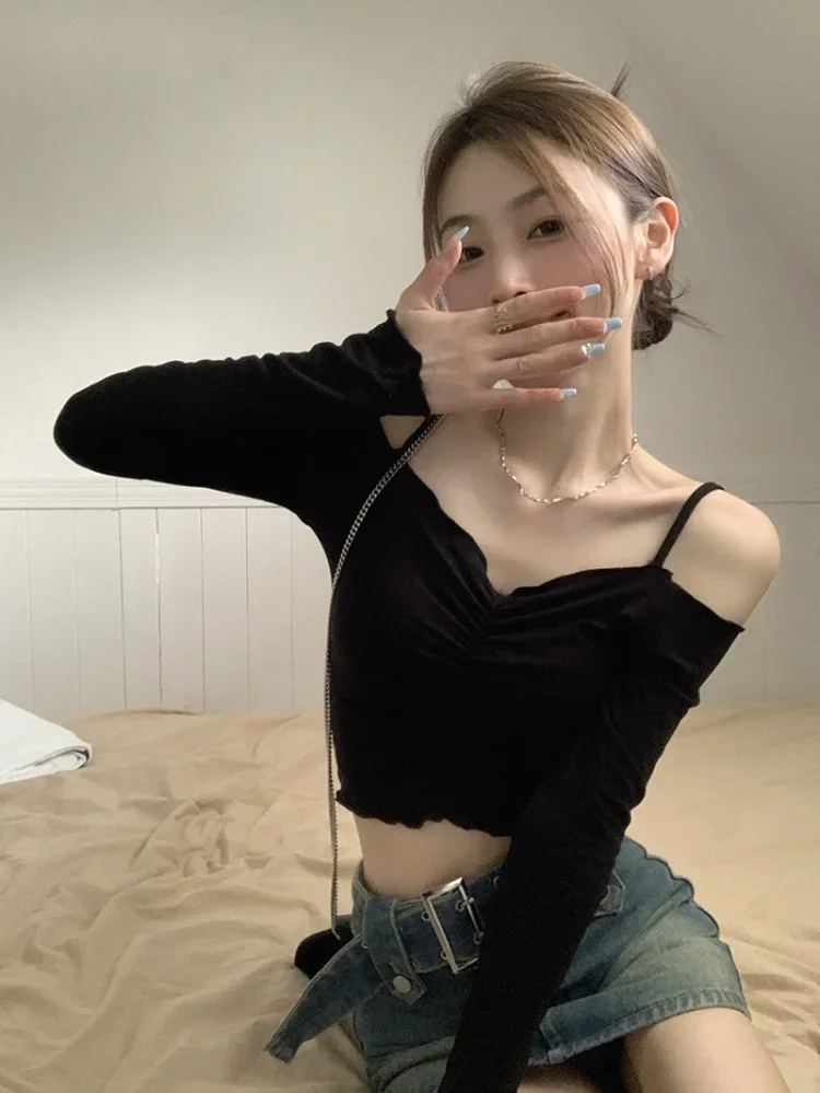 

Y2k Chic Solid Sweet Harajuku T-shirt Women Sexy Lady Slash Neck Off Shoulder 2024 Spring Korean Long Sleeve Cropped Top