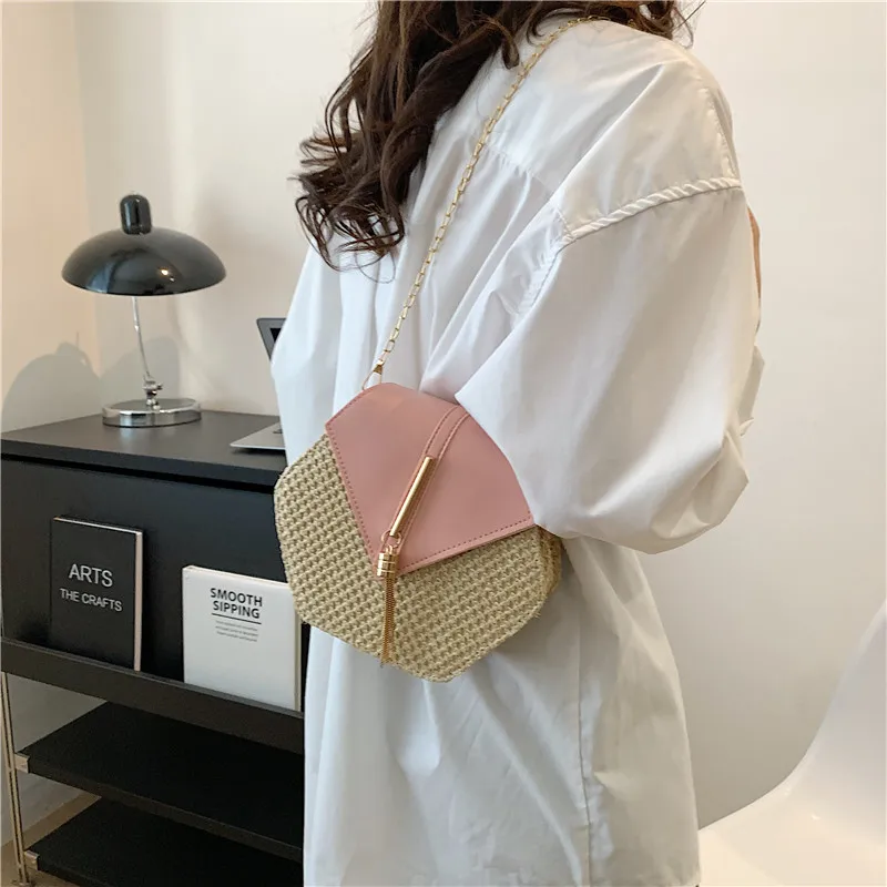 Hexagon Straw & Leather Handbag - Bohemian Woven Beach Shoulder Bag 6 S978c70dbdc814f98908cf7aa261fdab6g
