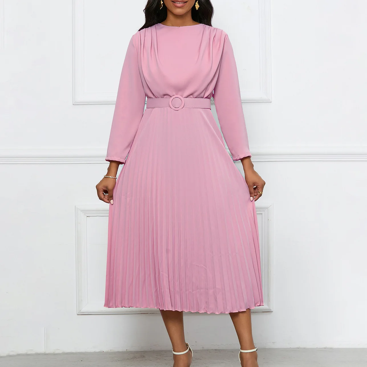 

Elegant Women Pleated Formal Evening Dress O Neck Long Lantern Sleeve With Belt Modest African Office Business Work Clothings