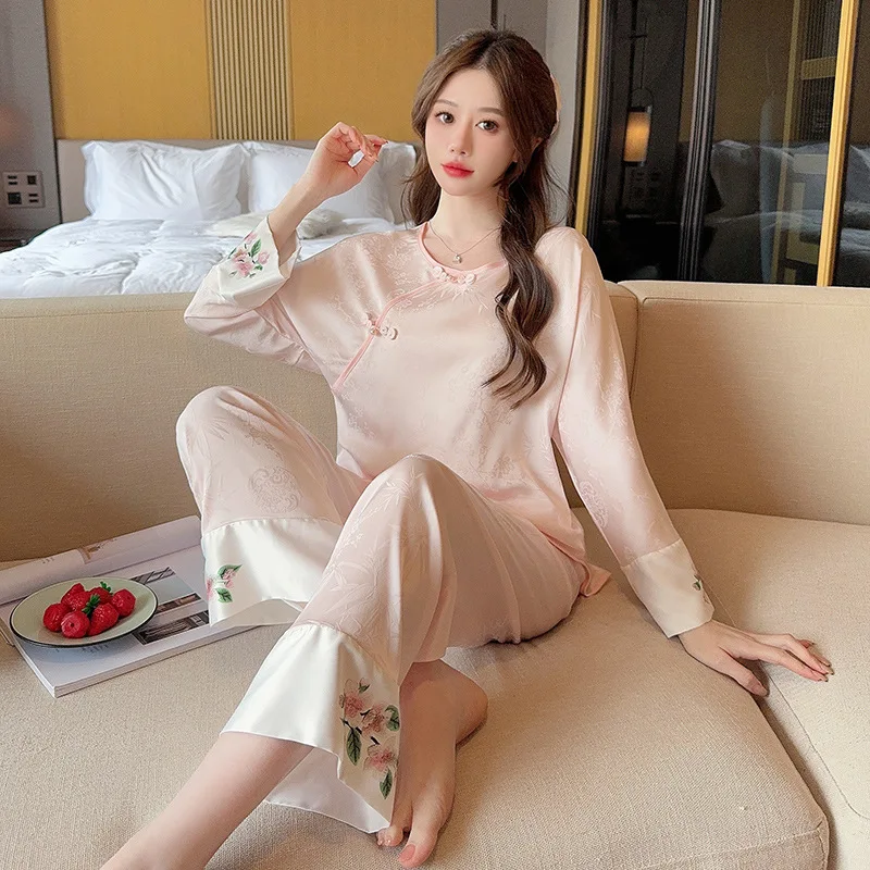 

Print Pyjamas 2PCS Sleepwear Set Spring Summer New Pijamas Suit Women Home Clothes Silky Satin Pajamas Lingerie Femme Loungewear