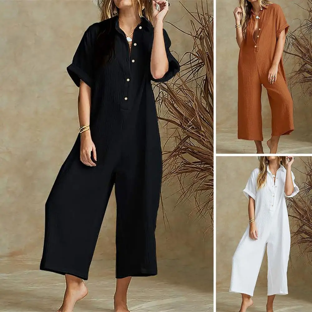 

Women Jumpsuit Summer Overalls Short Sleeve Rompers With Pockets Wide-Leg Baggy Pants Vintage Jump Suit One-Piece Girls Playsuit