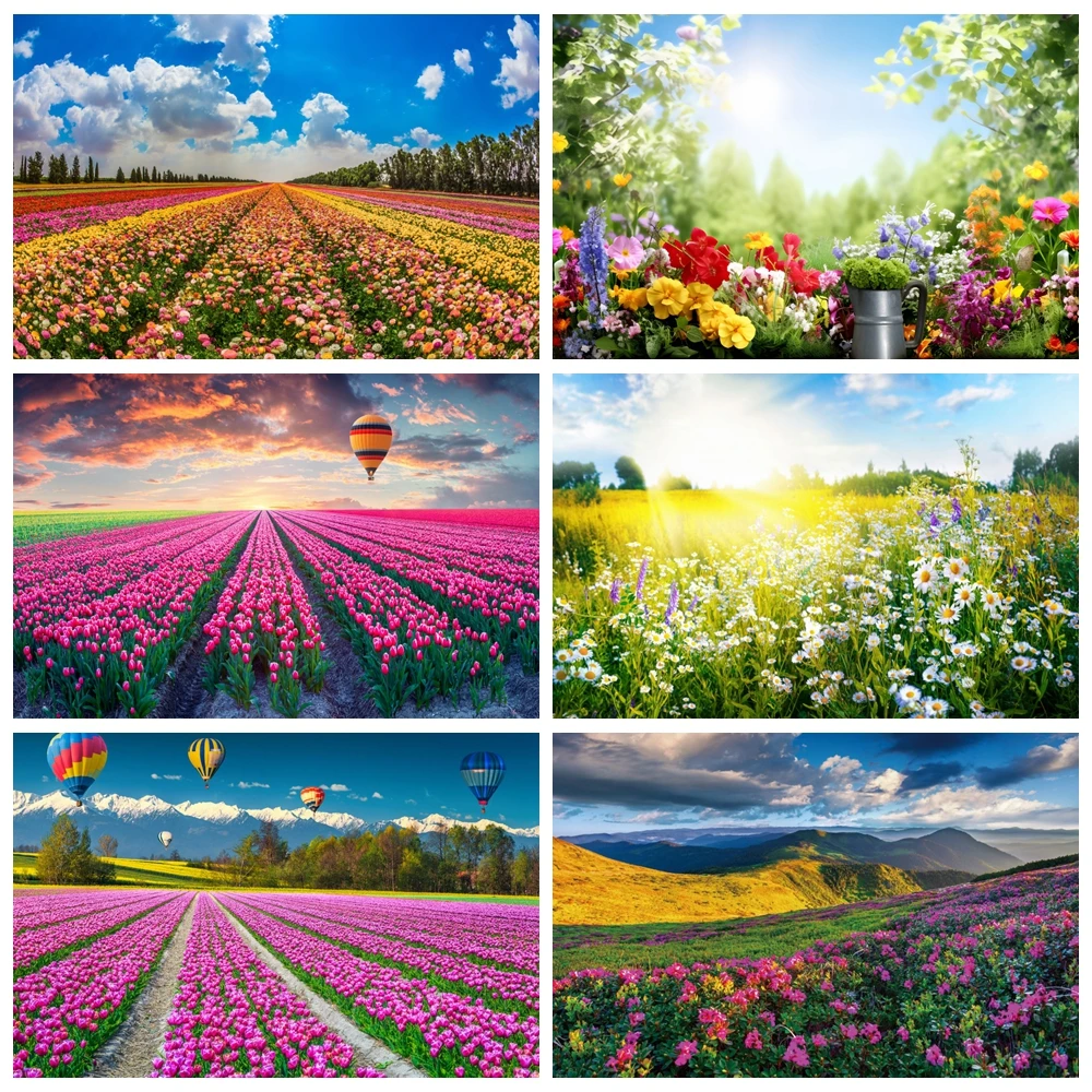 

Spring Flowers Scene Photography Backdrop Blue Sky Hot Air Balloon Landscape Kids Portrait Photographic Background Photo Studio