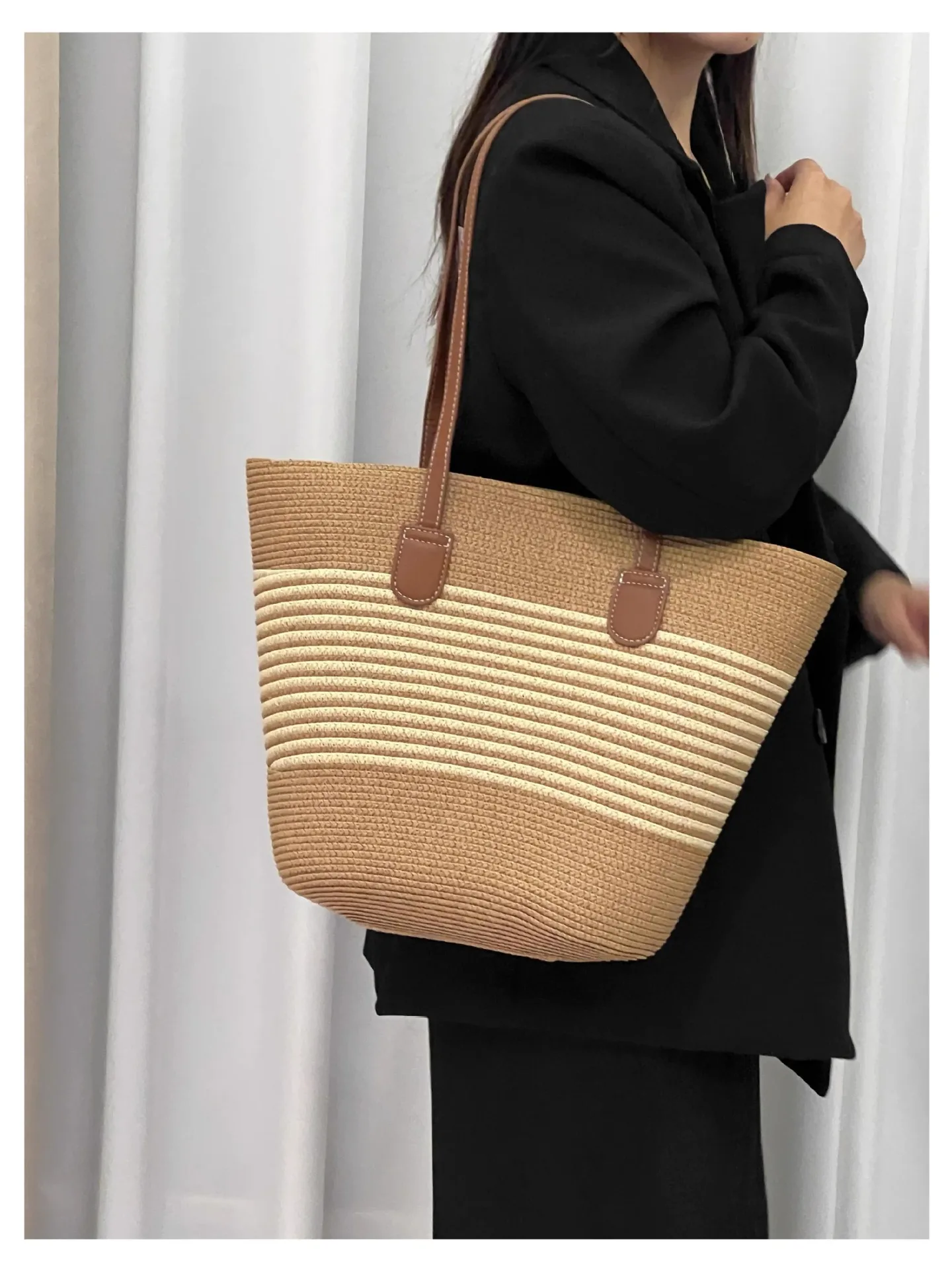 Braided Basket Beach Bag - Large Handmade Rattan Summer Tote 2 S9790532ed2304ddd9bb23d68d1a806086