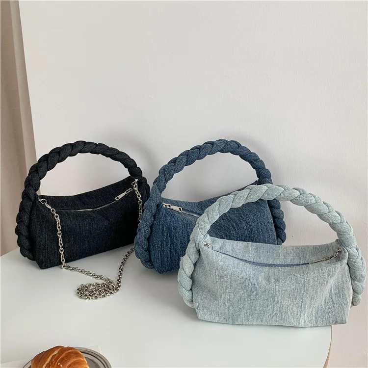 

Korean Fashion Denim Braid Design All-match Handbag Spring Summer Outdoor Commuter Shoulder Bag Chains Design Crossbody Bag