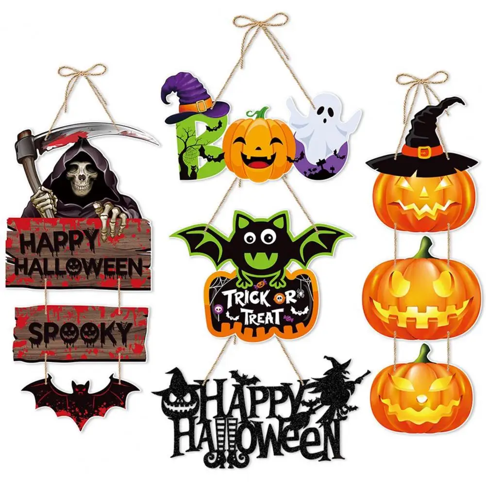 

Happy Halloween Door Sign Spooky Pumpkin Ghost Bat Skeleton Indoor Outdoor Front Door Wall Hanging Decorations Welcome Doorplate