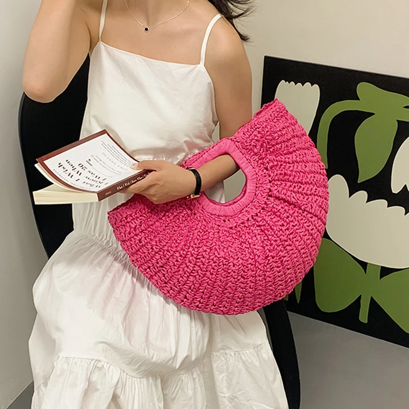 Half-Moon Woven Straw Handbag - Wooden Handle Beach Shopping Basket 1 S97971a8322734c1aa112db11d564d9023