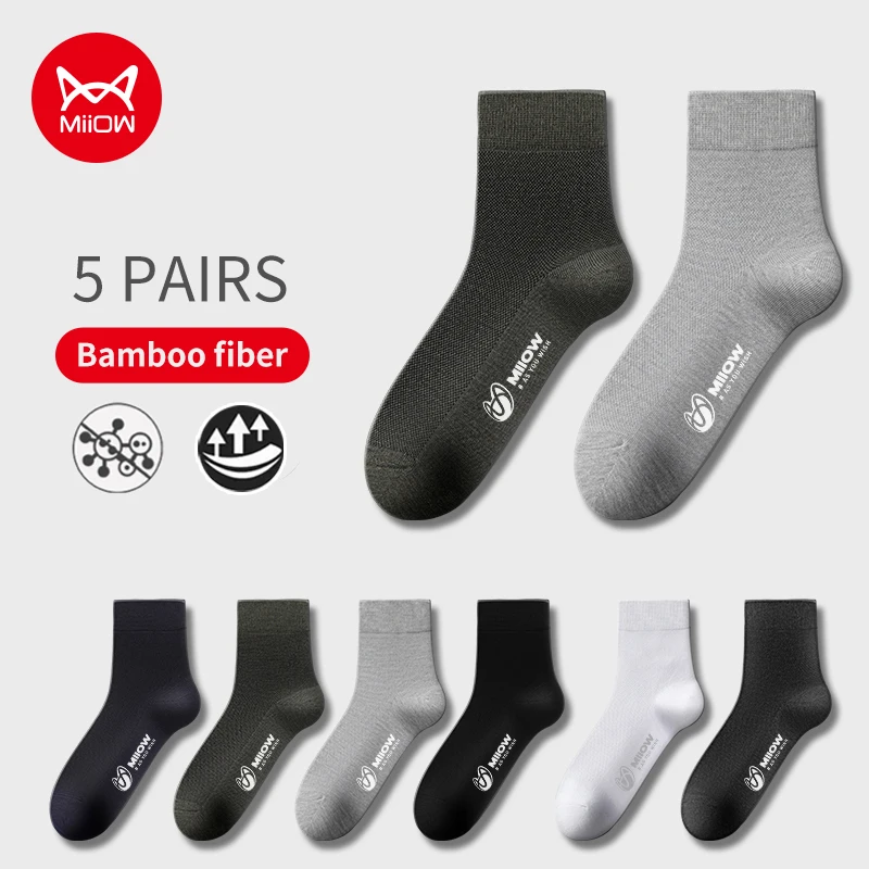 

MiiOW 5 Pairs Bamboo Fiber Men Socks Set Winter Warm Men's Mid Tube Socks Antibacterial Breathable Mens Deodorant Mid-calf Socks