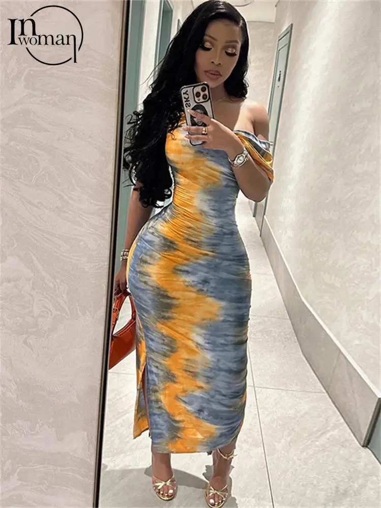 

Inwoman Gray One Shoulder Long Dress Party Club Clothing For Women 2023 Tie Dyed Bodycon Dress Sleeveless Asymmetric Maxi Dress