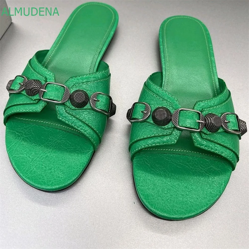 

Summer Rivet Buckle Slingback Women Slippers Flat with Peep Toe Modern Slides 2023 Newest Casual Party Fashion Slippers