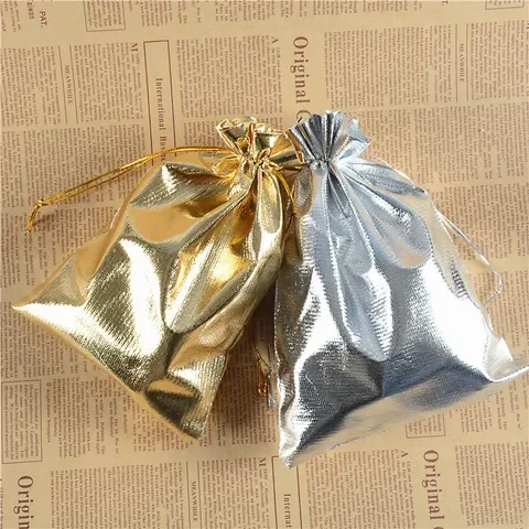 

50Pcs/lot Jewelry Packing Silver Gold Foil Cloth Drawstring Velvet Bag 7x9cm 9x12cm 10x15cm Wedding Gift Bags & Pouches